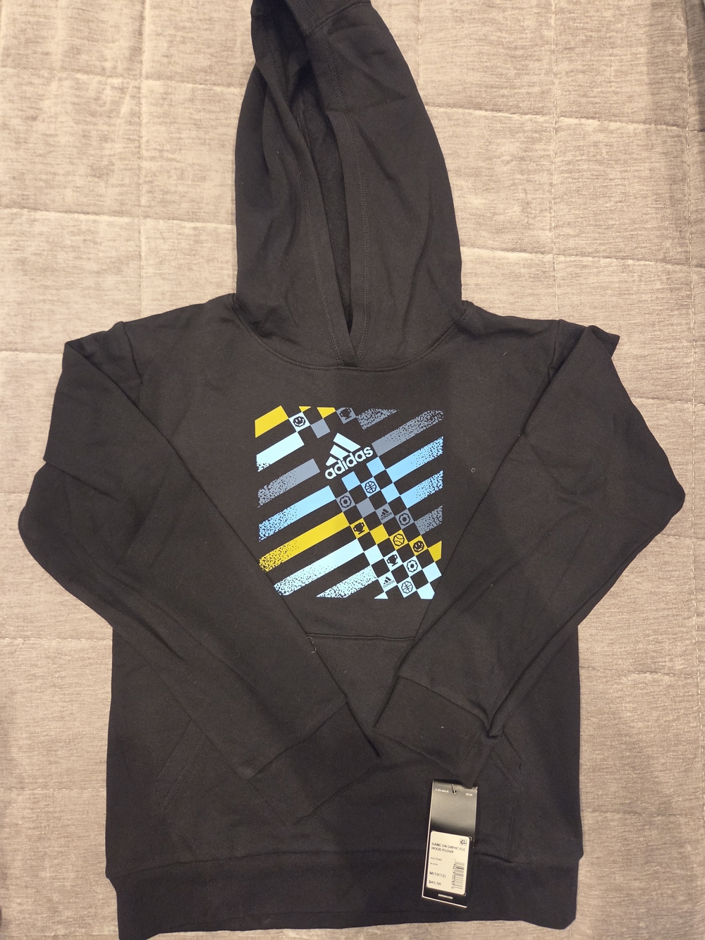 adidas Black Hoodie with Blue & Yellow Chest Graphic